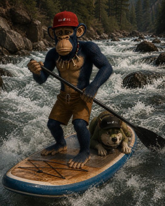 A BAYC (Bored Ape Yacht Club) NFT character wearing a red "BAYC" cap stands paddling through turbulent rapids on a stand-up paddleboard, accompanied by his green zombie dog companion in a matching "BAYC" cap crouched on the wooden deck, matching the post's description of day 238's river current adventure.