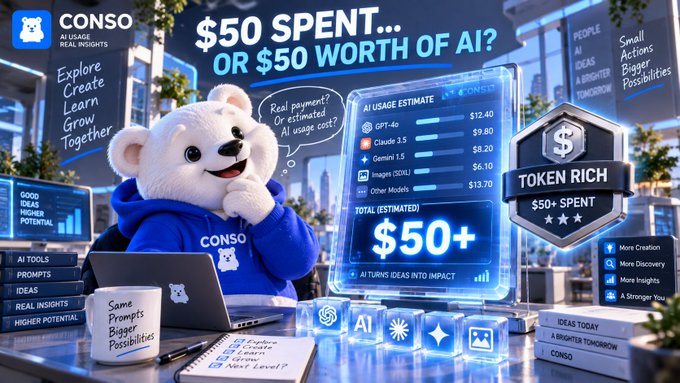 A promotional graphic featuring an animated white bear mascot next to a floating screen displaying '$50 SPENT... OR $50 WORTH OF AI?' with various AI usage cost estimates totaling '$50+' for 'CONSO AI USAGE REAL INSIGHTS'.