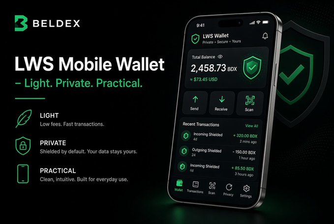 Promotional ad for the "BELDEX LWS Mobile Wallet" with the tagline "Light. Private. Practical," displaying a phone interface showing a balance of 2,458.73 BDX (~$73.45 USD).