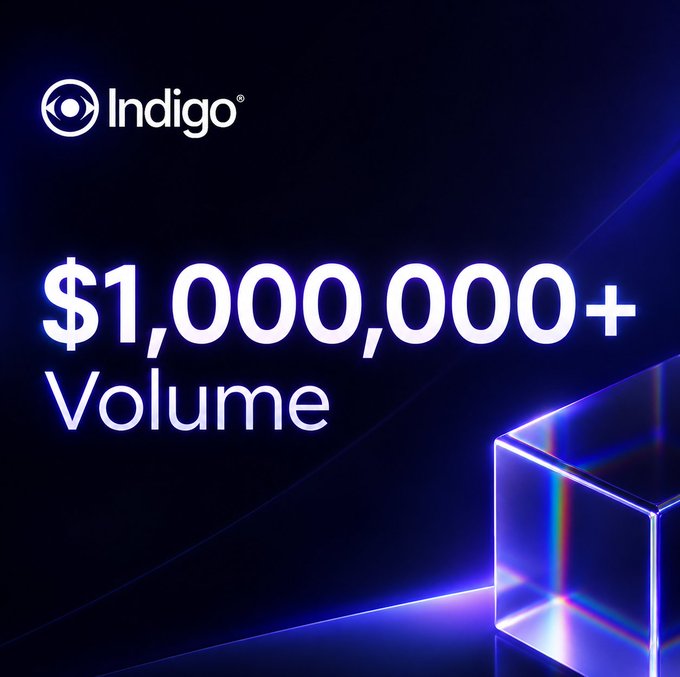 The image features an advertisement for a product that costs $1,000,000. The background of the advertisement has blue and purple neon lights, which make the product look eye-catching. Additionally, there's a clear cube placed on top right corner in the scene. The text in the image is written in white letters that read "Indigo", "PSM", "Volume", and "$1,000,000+". It seems to be promoting a company called Indigo PSM which offers a product priced at $1,000,000 or more for volume mining of supported assets through their integrated stable asset trading model.