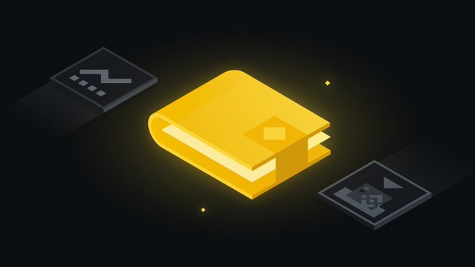 An isometric illustration of a glowing yellow book or ledger on a dark background, flanked by two diamond-shaped icons containing pixel art designs.