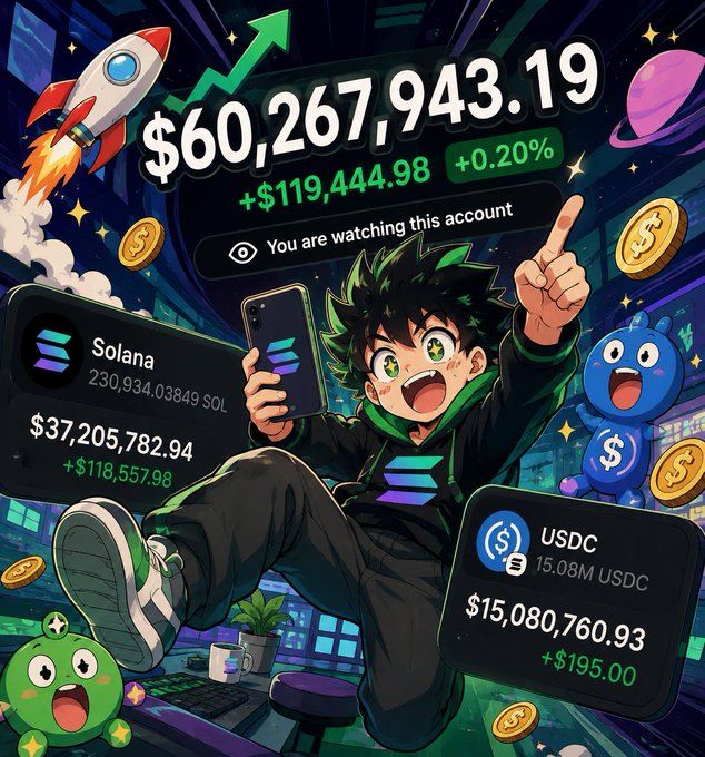 An anime-style illustration of an excited character holding a phone displaying a Solana wallet, surrounded by crypto elements including $60,267,943.19, $37,205,782.94 in SOL, and $15,080,760.93 in USDC, with a rocket and rising arrow.