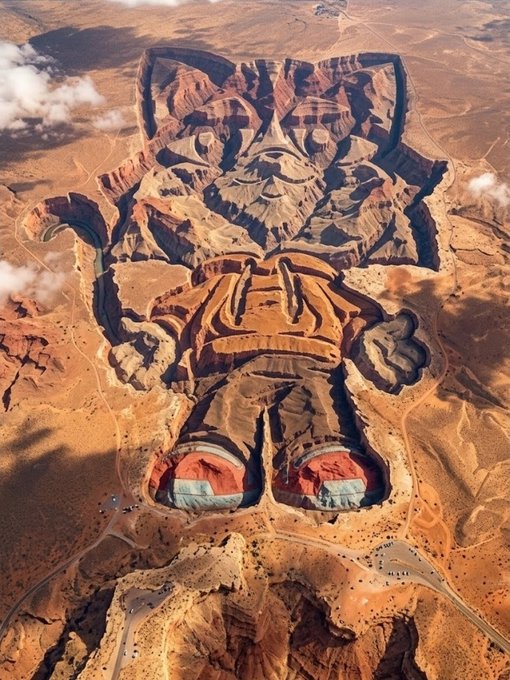Aerial view of a massive earthwork sculpture carved into a desert landscape depicting a cartoonish character with a large head, beard, hat, and red shoes.