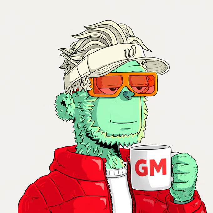 An illustrated green character with a fluffy mane, wearing orange sunglasses, a white 'Wilson' visor, and a red puffer jacket, holds a white mug with red 'GM' lettering.