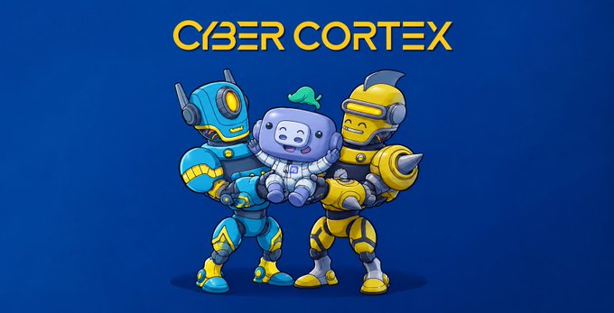 A cartoon logo for 'CYBER CORTEX' showing three colorful robot characters—one blue, one purple with a sprout on its head, and one yellow—standing together on a blue background