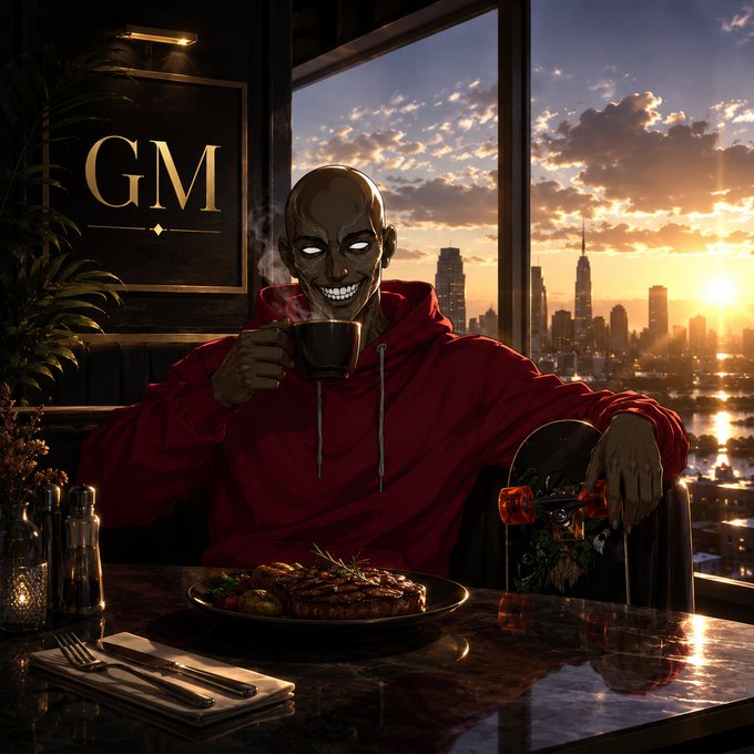 A sinister grinning figure in a red hoodie sips coffee at a high-rise restaurant overlooking a sunset cityscape, with a "GM" sign on the wall, a steak dinner, and a skateboard in view—visually matching the post's "Good Morning" crypto vibe and its cheerful "GM" greeting to the X community.