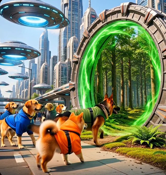 A fantastical digital artwork depicting several dogs wearing colorful outfits running toward a glowing green portal that opens to a forest, set in a futuristic cityscape with floating UFOs.