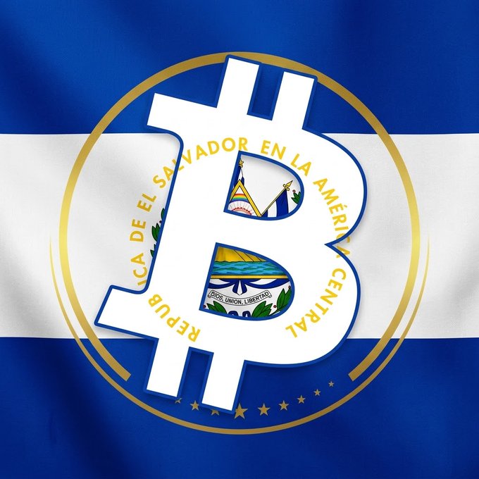 The El Salvador flag is displayed with a large white Bitcoin symbol overlay containing the Salvadoran coat of arms and the text 'REPÚBLICA DE EL SALVADOR EN LA AMÉRICA CENTRAL'.