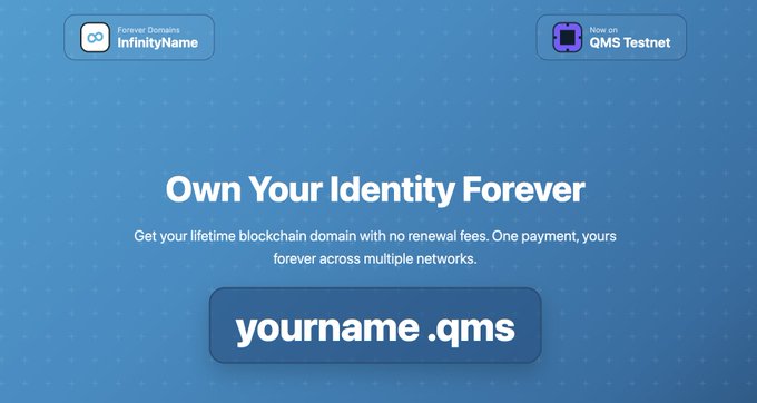An advertisement for InfinityName blockchain domains on the QMS Testnet, with the slogan "Own Your Identity Forever" and example domain "yourname.qms".