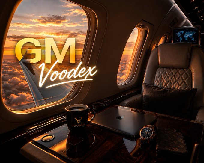 A luxury private jet interior scene at sunset, overlaid with the gold text 'GM Voodex' and showing branded items like a mug, laptop, and watch on a wooden table.