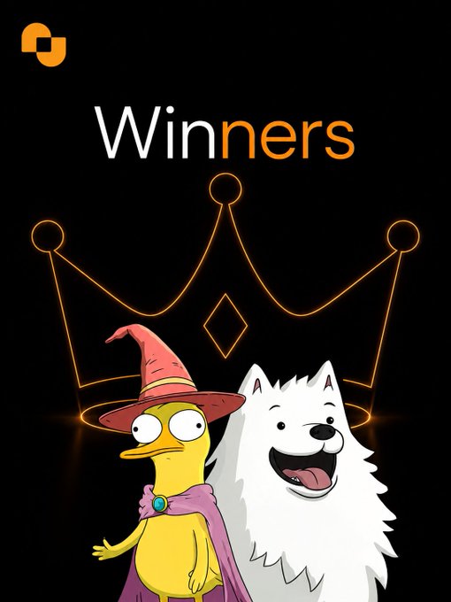 A promotional graphic featuring the 'Winners' title with a duck character in a pink wizard hat and a smiling white dog below a glowing crown, branded with a logo in the top-left corner.
