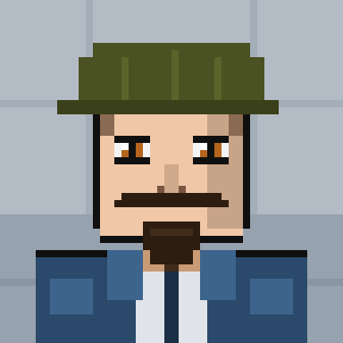 A pixel art character depicting a man with a mustache and goatee, wearing a green hat and blue jacket against a brick background.
