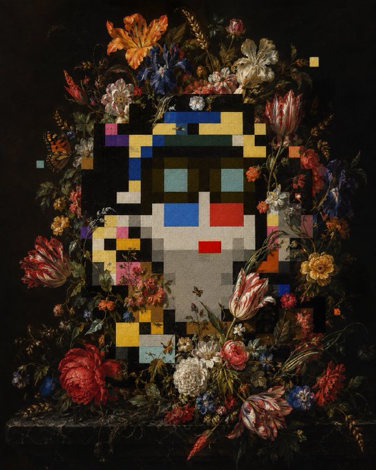 An artistic still life painting features a classical arrangement of vibrant flowers surrounding a central, pixelated 8-bit style face composed of colorful squares against a dark background.