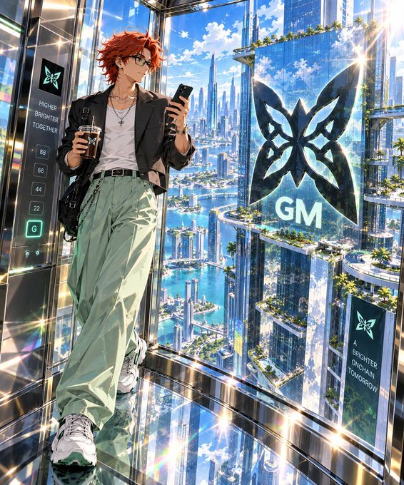 An anime-style illustration shows a red-haired young man holding a coffee cup and phone inside a futuristic glass elevator overlooking a glowing cyber city with 'GM' and 'HIGHER BRIGHTER TOGETHER' text.