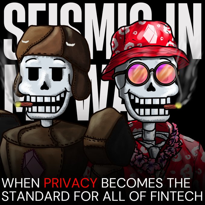 A graphic with two cartoon skeletons—one in a brown aviator hat and the other in a red bucket hat with sunglasses—above the text 'WHEN PRIVACY BECOMES THE STANDARD FOR ALL OF FINTECH' with 'PRIVACY' highlighted in red.