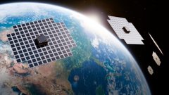 An illustration showing Earth from space with multiple computer chips and microprocessors orbiting the planet.