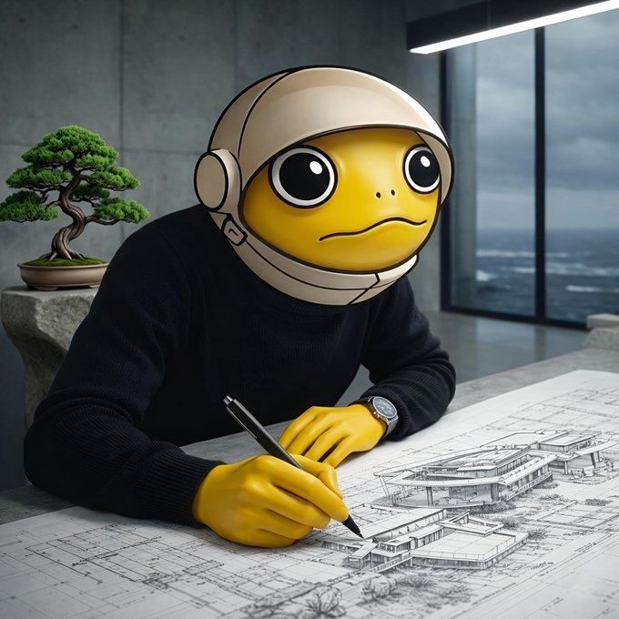 A cartoon turtle mascot wearing a helmet meticulously drafts architectural blueprints, embodying the slow, deliberate process of creation that the post celebrates—suggesting $TURBO rewards come to those who, like the turtle, build patiently with unwavering focus and conviction.