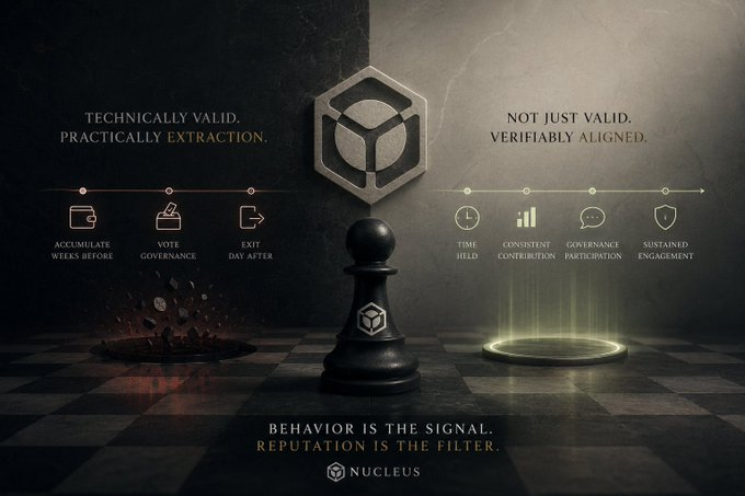 A dark, atmospheric promotional graphic for 'NUCLEUS' contrasting 'TECHNICALLY VALID, PRACTICALLY EXTRACTION' with 'NOT JUST VALID, VERIFIABLY ALIGNED,' featuring chess piece imagery and the tagline 'BEHAVIOR IS THE SIGNAL. REPUTATION IS THE FILTER.'