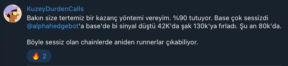 A Discord post by "KuzeyDurdenCalls" promotes an "extremely clean profit method" with a 90% success rate, referencing the bot @alphahedgebot detecting a signal on Base chain where a token dropped at 42K, surged to 130K, and is now at 80K, warning that quiet chains often produce sudden runners, and has 2 fire reactions.

This aligns with the original post's promotion of "the world's easiest money-making tactic" that successfully identified multiple high-performing Base chain tokens like $BASECAT (13x), $BASEDOG (9.8x), and $TREX (6.6x) through the same @alphahedgebot signal detection method.