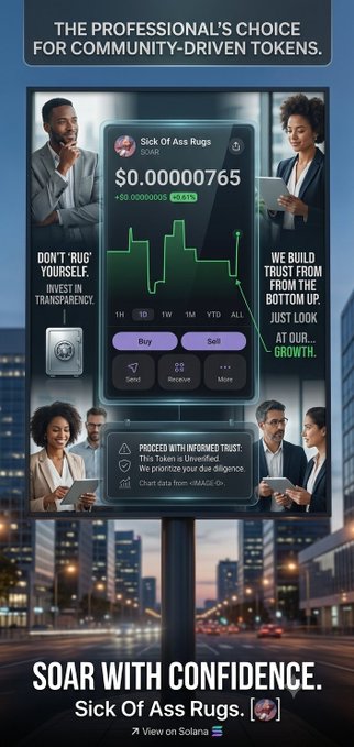 A promotional billboard titled 'THE PROFESSIONAL'S CHOICE FOR COMMUNITY-DRIVEN TOKENS' displays a mobile app interface for 'Sick Of Ass Rugs ($OAR)' showing a price of $0.00000765 with '+60.000000000%' gain, surrounded by text like 'DON'T RUG YOURSELF. INVEST IN TRANSPARENCY' and 'SOAR WITH CONFIDENCE.'