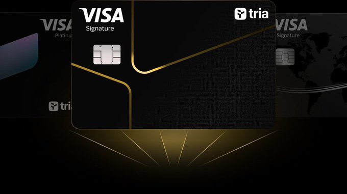 A black Visa Signature credit card from Tria is displayed against a dark background with gold accent lines and faint Visa logos.