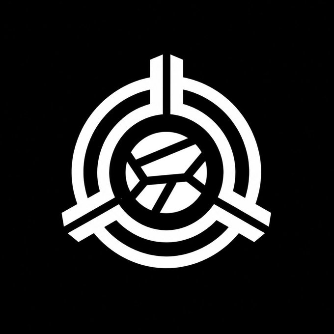 A black and white stylized logo resembling a fictional emblem, featuring concentric circular and angular line designs that look like a crest or insignia.