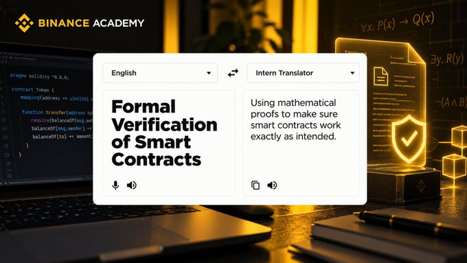 A Binance Academy graphic titled 'Formal Verification of Smart Contracts,' showing a translation interface with the subtitle 'Using mathematical proofs to make sure smart contracts work exactly as intended.'
