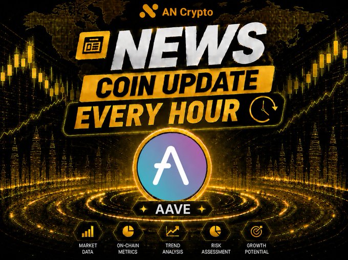 A cryptocurrency promotional graphic for 'AN Crypto' advertising 'NEWS COIN UPDATE EVERY HOUR,' featuring the AAVE token logo prominently with metrics for Market Data, On-Chain Metrics, Trend Analysis, Risk Assessment, and Growth Potential.