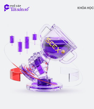 A 3D render of a purple financial data display with candlestick charts and trending indicators, branded with 'Phố Cấp Tài sản số' (Digital Asset Supply) under the KHÓA HỌC (Course) section.