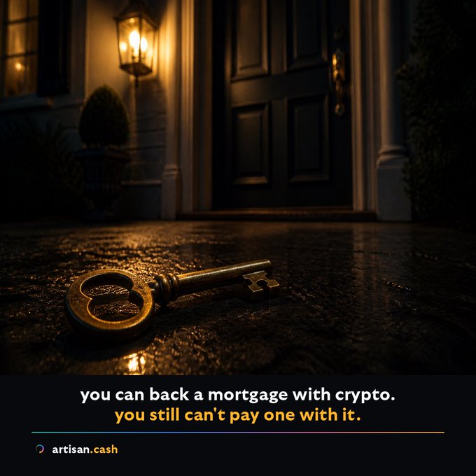 An ornate key rests on wet stone at the entrance of a dimly lit house, accompanied by the text "you can back a mortgage with crypto. you still can't pay one with it." and the branding "artisan.cash," highlighting the irony of crypto's mortgage utility gap that the post addresses by building a crypto bill pay app.