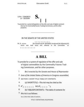 The image shows a document titled "A Bill" written in black text against a white background. The bill has been cleared by the U.S. Senate, which means that it has passed through both houses of Congress and is now ready for implementation. The focus on this specific document suggests that there might be discussions or debates about crypto regulations, as indicated by the title "A Bill" and its connection to the CLARITY Act.