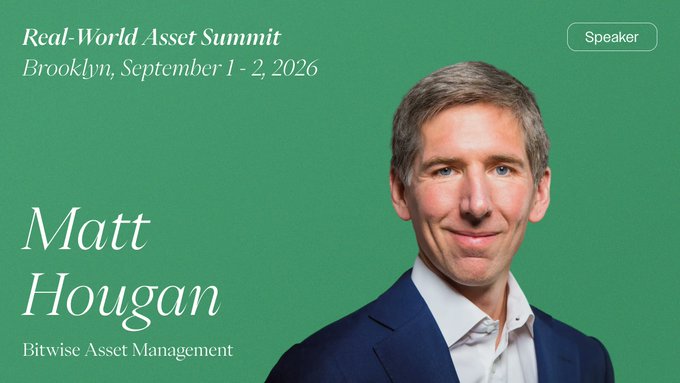 Speaker announcement for 'Real-World Asset Summit, Brooklyn, September 1-2, 2026' featuring a headshot of Matt Hougan from Bitwise Asset Management.