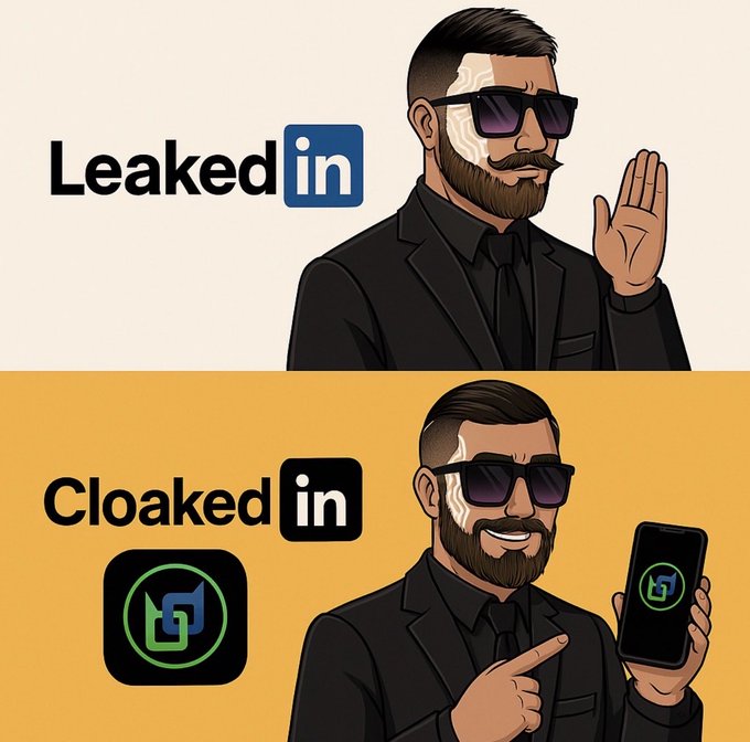 A cartoon meme comparing 'Leaked' LinkedIn to 'Cloaked' LinkedIn, showing a bearded man in sunglasses in both panels.