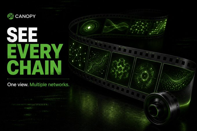 A digital advertisement for 'CANOPY' with the tagline 'SEE EVERY CHAIN' and 'One view. Multiple networks.' featuring a stylized film strip with green tech-themed imagery.