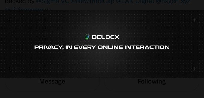 A banner for BelDex with the tagline 'PRIVACY, IN EVERY ONLINE INTERACTION' displayed on a dark background, with partially visible text at the top mentioning backers like @Sigma_vC, @NewHibeCap, @EAK_Digital, @nxgen_xyz, and @diegocanseco.