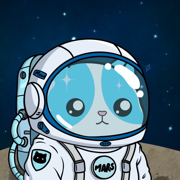 A cartoon illustration of a cute blue and white cat character wearing an astronaut suit labeled 'MARS', set against a starry space background.