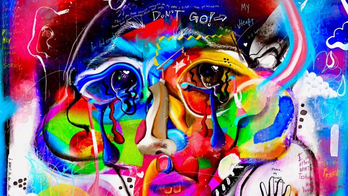 A vibrant, chaotic abstract painting of a face with intense multicolored eyes, surrounded by scribbles, text including 'DON'T GO' and 'MY HEART', and expressive graffiti-style brushstrokes.