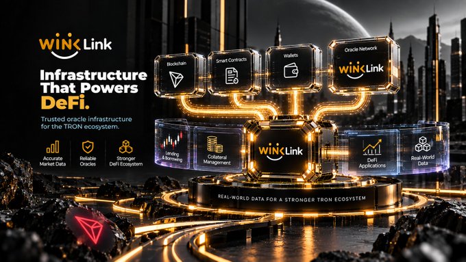 A promotional graphic for 'WinkLink - Infrastructure That Powers DeFi' displaying a futuristic 3D diagram of blockchain components like Blockchain, Smart Contracts, and Wallets, set against a cyberpunk cityscape.