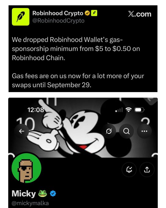 The image shows two X.com posts: Robinhood Crypto announcing they dropped the gas-sponsorship minimum from $5 to $0.50 on Robinhood Chain, with gas fees covered for swaps until September 29, and a reply from "Micky" (@mickymalkka) with a Mickey Mouse avatar. This relates to the post's discussion of $WALLET potentially being tied to Robinhood Wallet utility like fee rebates and access.