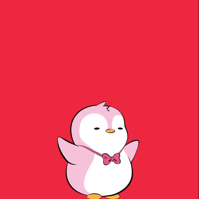 A simple cartoon of a round, pink and white penguin character with a small pink bow tie, standing against a solid red background.