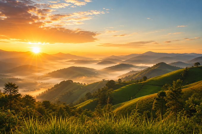 A scenic landscape photograph showing a sunrise over mist-covered rolling green hills and tea plantations in the mountains.