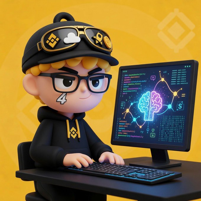 3D cartoon illustration of a young developer with glasses and a Binance-logo cap typing on a keyboard, with a monitor displaying an AI brain graphic and programming code against a yellow Binance-themed background.