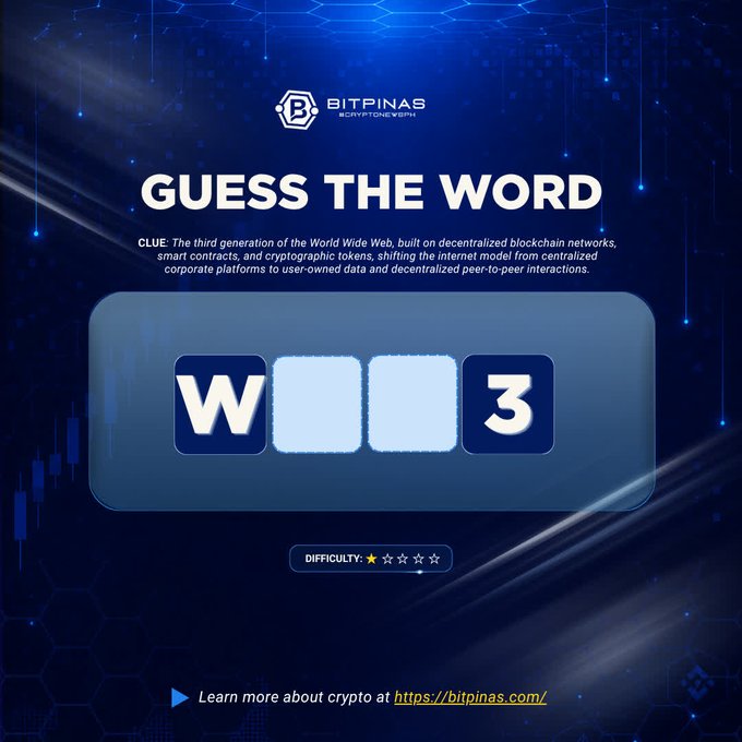 BitPinas "Guess the Word" puzzle with the clue describing the third generation of the World Wide Web, showing the partial answer "W__3" (Web3) at difficulty level one star.