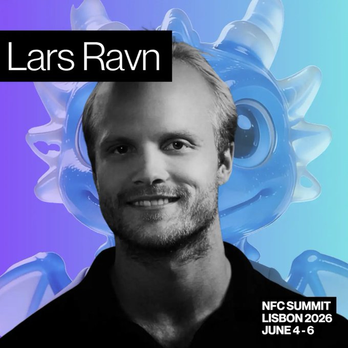 The image features a man with short hair wearing a black shirt, smiling at the camera. The background of the image has a blue and purple color scheme, which complements the man's attire. There are also some text elements present in the image, including "Lars Ravn" written on it, "NFC Summit Lisbon 2016", and "June 4-6".