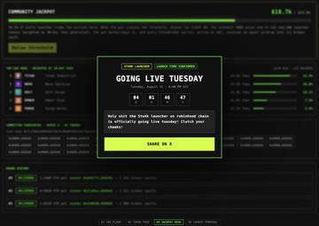 A dark-themed website interface titled "Community Tokenizer" displays a popup countdown reading "GOING LIVE TUESDAY" with "04 01 40 47" days/hours/minutes/seconds remaining and a green "SHARE ON X" button, illustrating the 4-day countdown mentioned in the accompanying post about SimpleFarmer's launchpad launch.