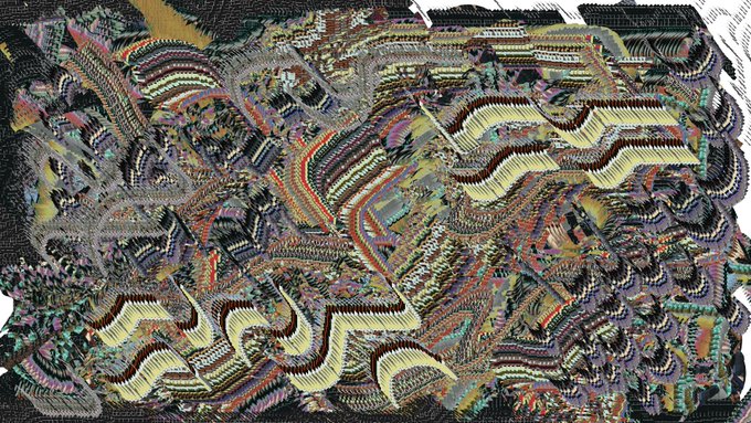 A heavily distorted, glitchy digital image with wavy, psychedelic patterns in muted colors, resembling visual artifacts or a corrupted render.