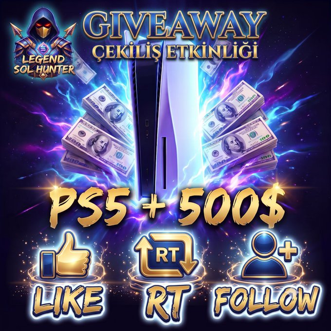 The image is a flashy giveaway graphic from "Legend Sol Hunter" announcing a PlayStation 5 and $500 prize, featuring a central PS5 console flanked by stacks of $100 bills with "LIKE," "RT," and "FOLLOW" call-to-action icons at the bottom. It visually promotes the Twitter giveaway for a PS5 and $500 split among winners, matching the post's request for likes, retweets, and follows to enter.