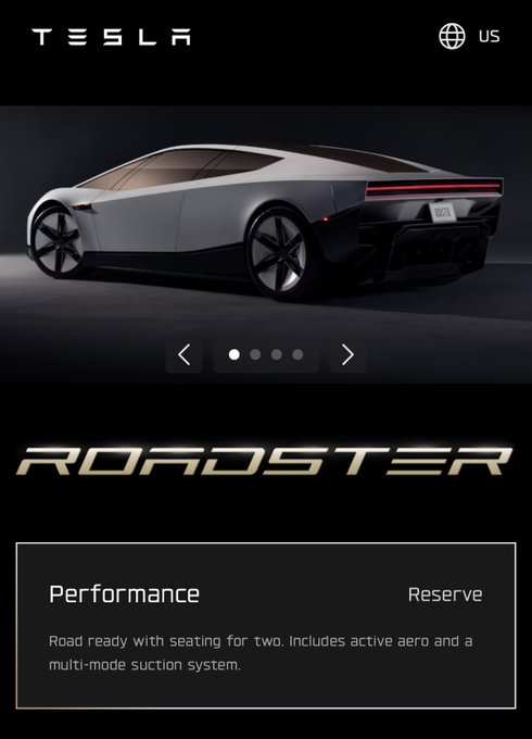 A webpage or app screen for the Tesla Roadster showing the silver sports car and text including 'ROADSTER', 'Performance', and 'Reserve'.
