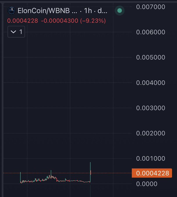 A TradingView chart showing the ElonCoin/WBNB trading pair with a current price of 0.0004228 and a 9.23% decline (-0.00004300) over the timeframe, supporting the post's discussion about determining a "lore accurate" valuation for ElonCoin.