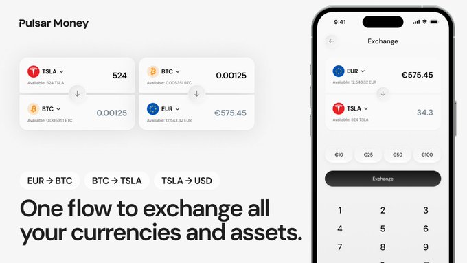 A promotional graphic for the "Pulsar Money" app showing an exchange interface where a user can swap between assets like TSLA, BTC, EUR, and USD with rates like 524 TSLA to 0.00125 BTC to €575.45 EUR. The image illustrates the post's point about fragmented finance app terminology by visually unifying these different "convert," "swap," and "trade" actions into a single, streamlined exchange flow.